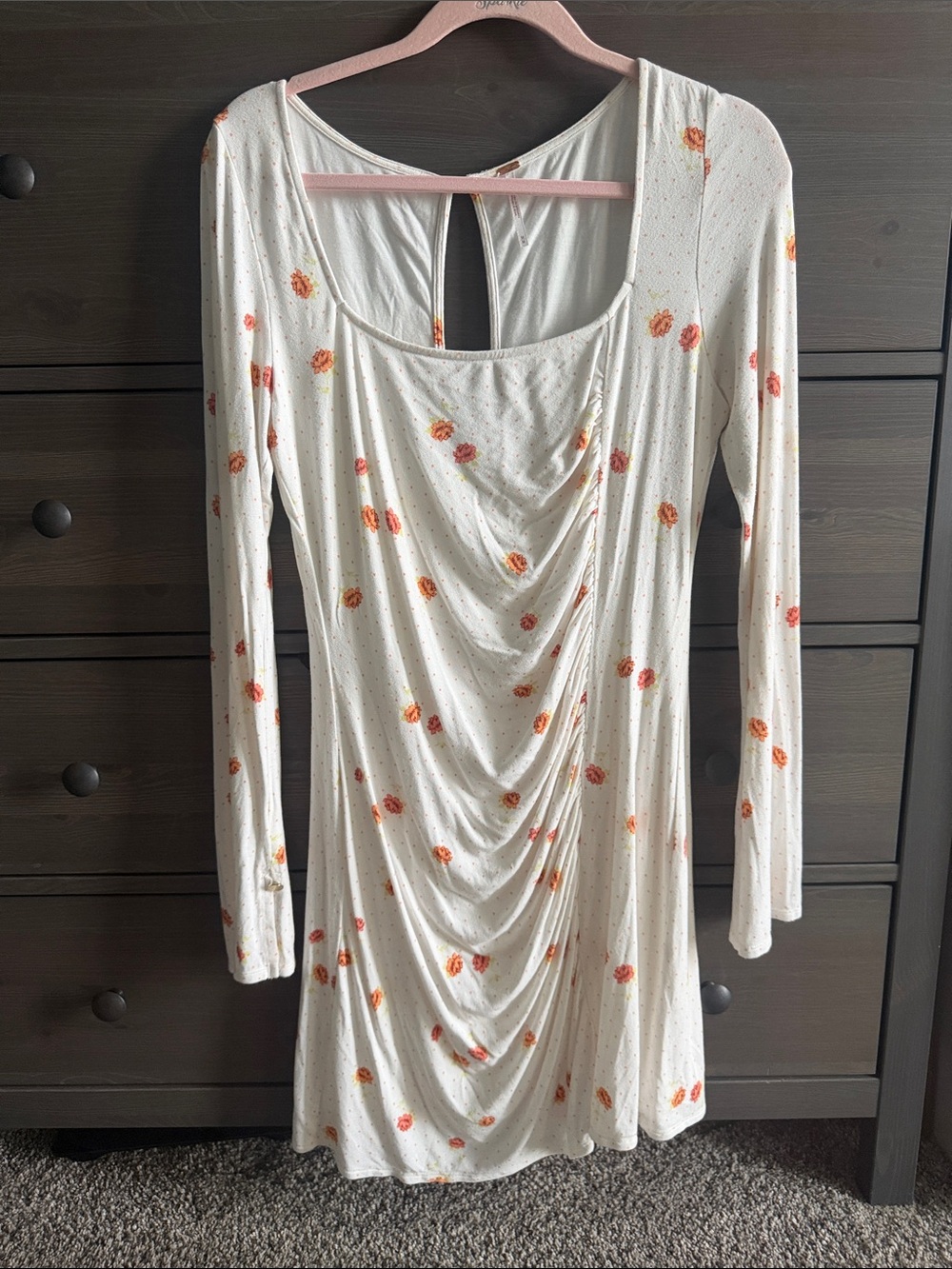 Free People Cream Long-Sleeve Floral Ruched Mini Dress